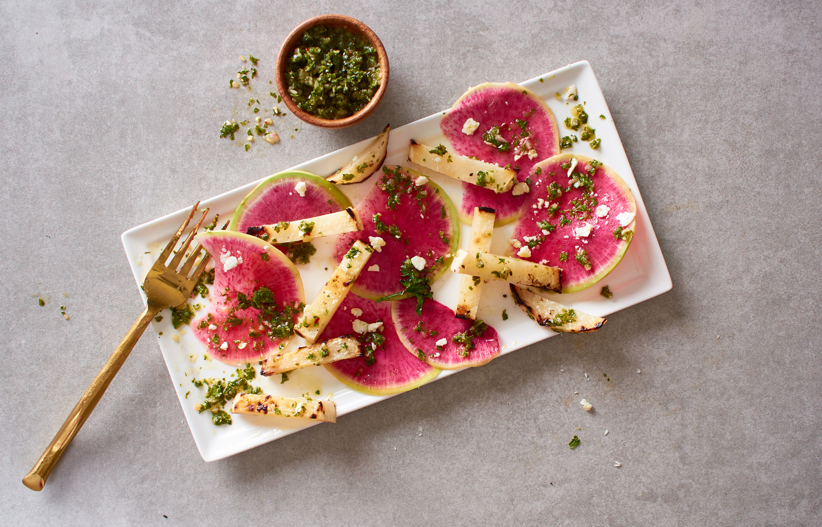 Grilled Jicama & Watermelon Radish Salad with Chimichurri Frieda's Inc. The Specialty