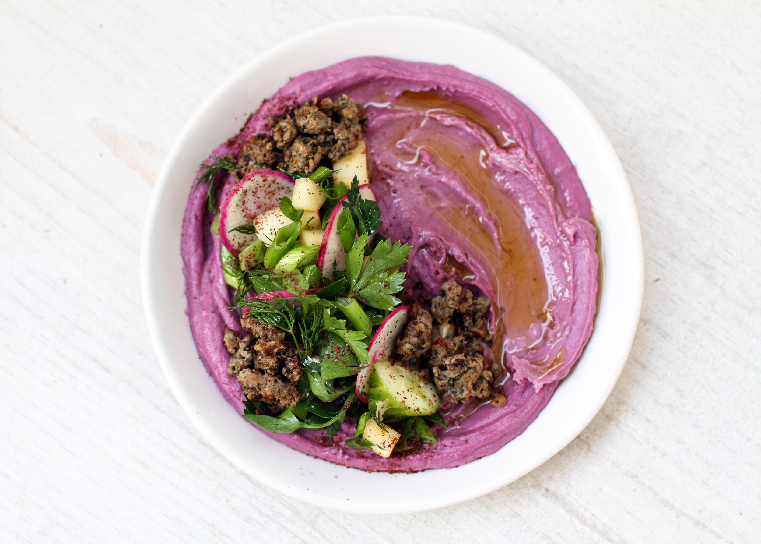 Stokes Purple® Sweet Potato Hummus Bowl with Spiced Lamb and Herbs