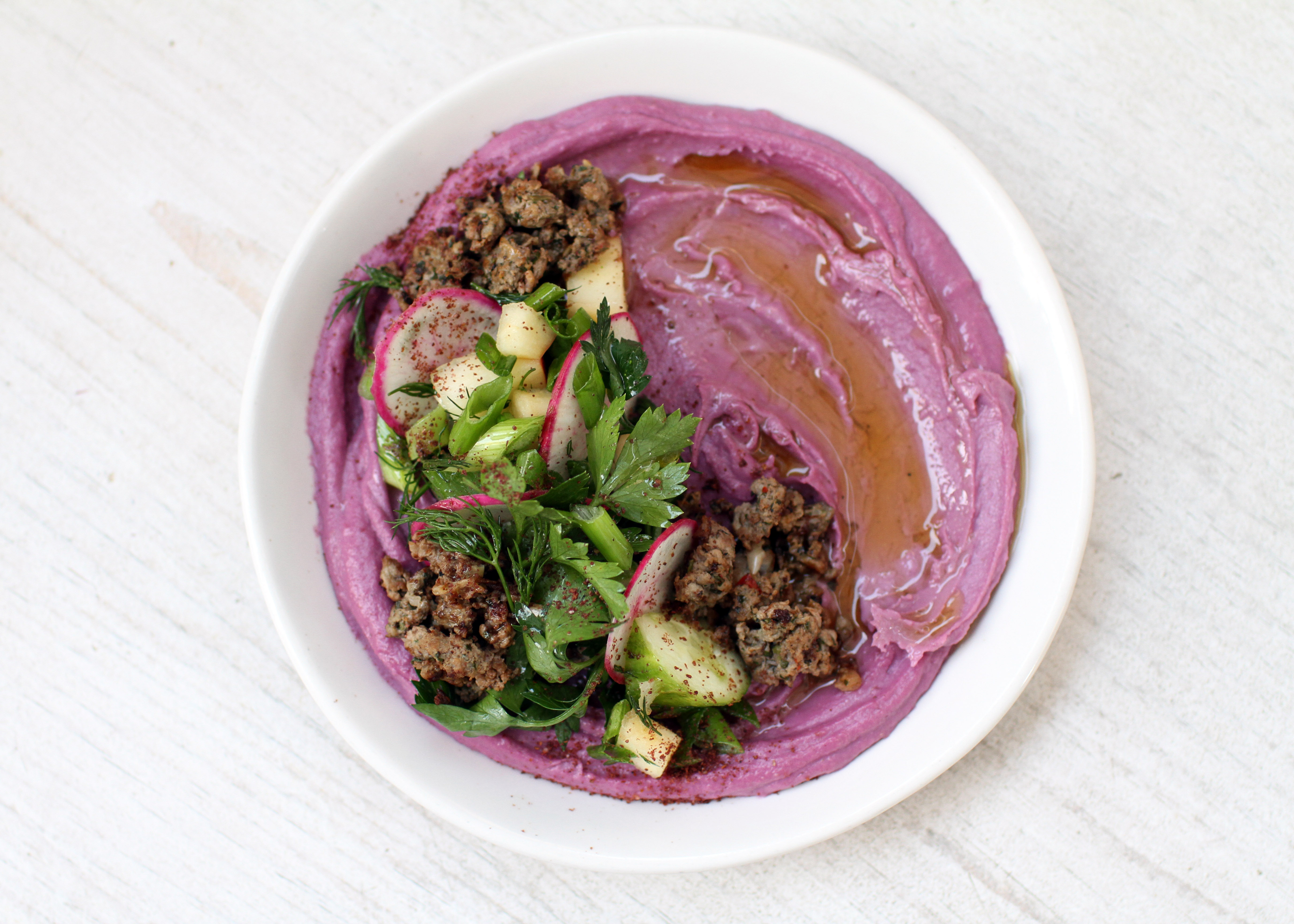Stokes Purple® Sweet Potato Hummus Bowl with Spiced Lamb & Herbs